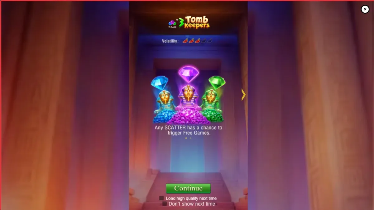 Tampilan visual slot 3 Tomb Keepers dengan patung Firaun dan simbol Mesir Kuno