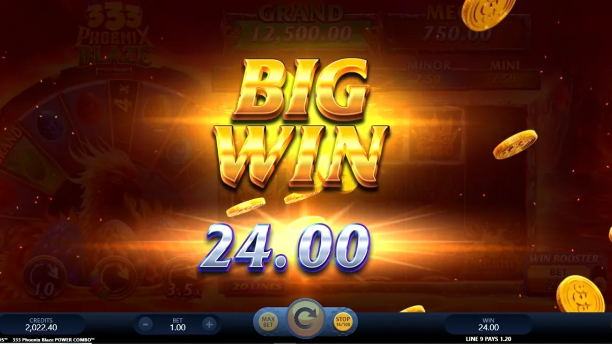 Tampilan visual slot 333 Phoenix Blaze Power Combo dengan latar belakang gunung berapi dan lava.